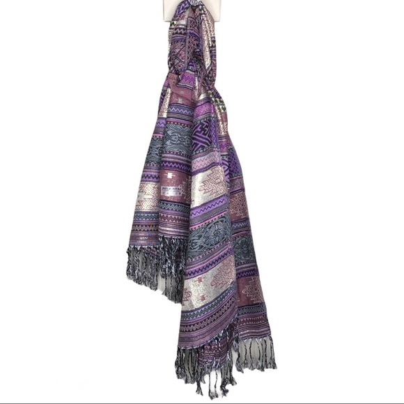 PASHMINA Tassle Trim Shawl/Scarf Purple/Gold One Size - Picture 1 of 7